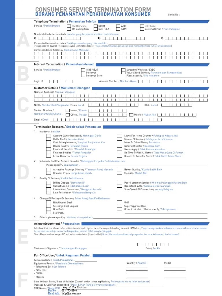Borang Penamatan Perkhidmatan Telekom