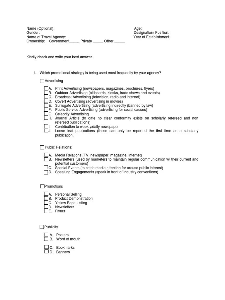 Questionnaire Travel Agency Survey Questions