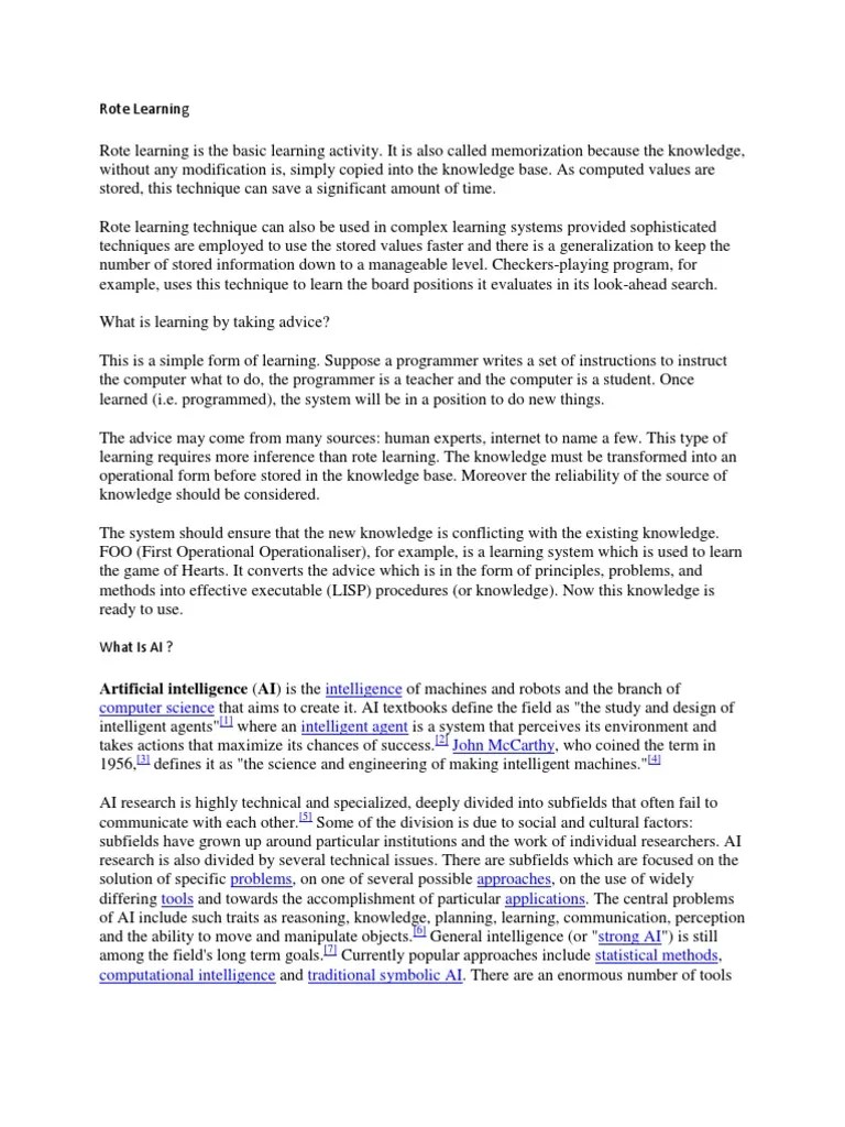 Rote Learning Artificial Intelligence Technology