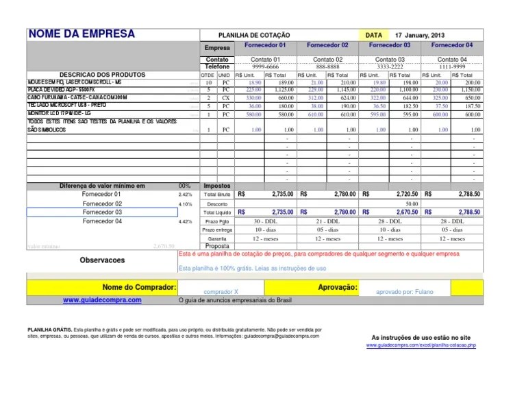 Planilha Cotação de Preços