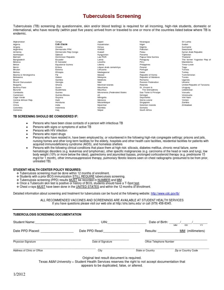 TB screening form for TAMU Tuberculosis Public Health