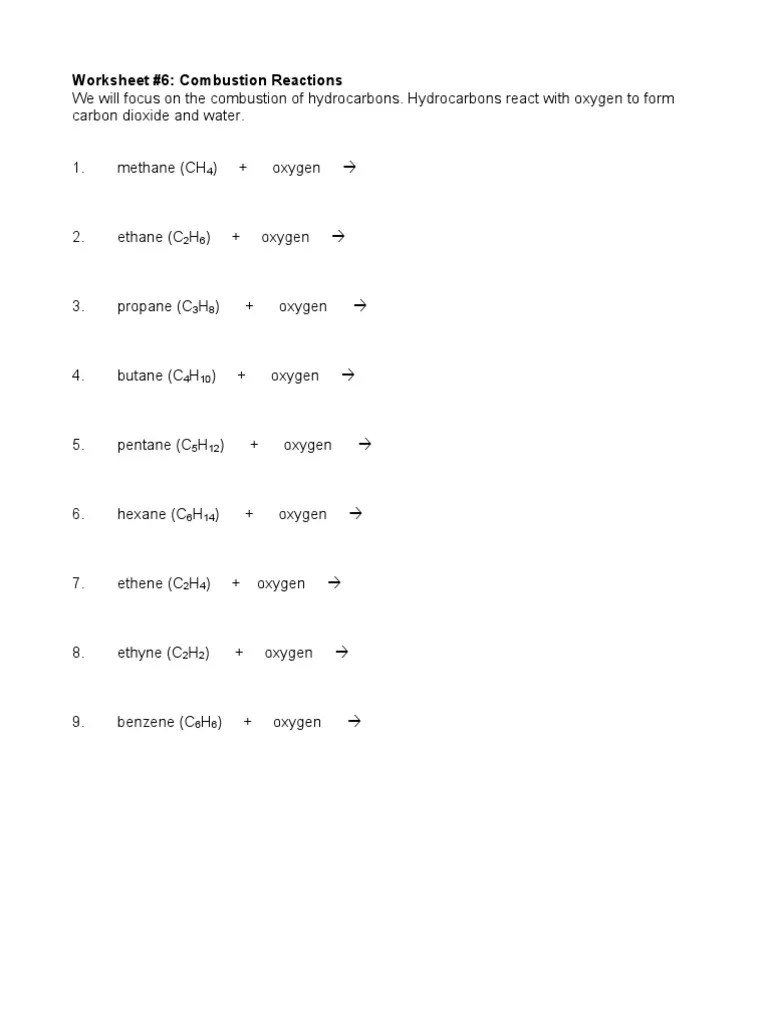Combustion Reaction Worksheet | PDF | Hydrocarbons | Propane