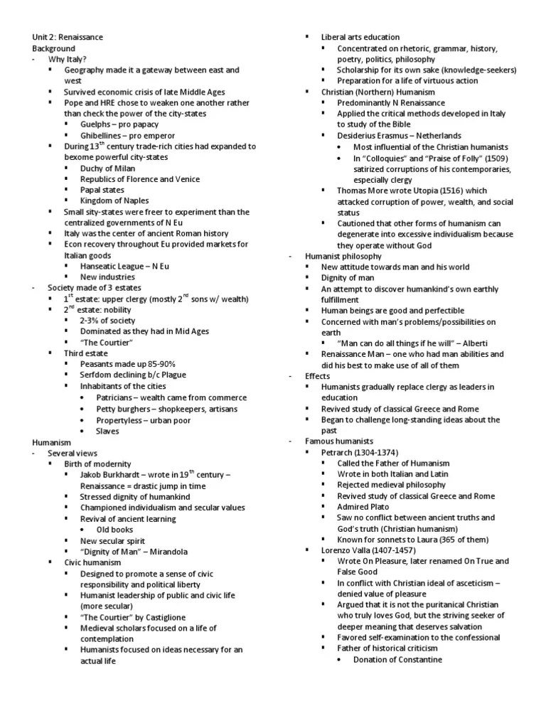 Renaissance Notes AP European History PDF Humanism Renaissance