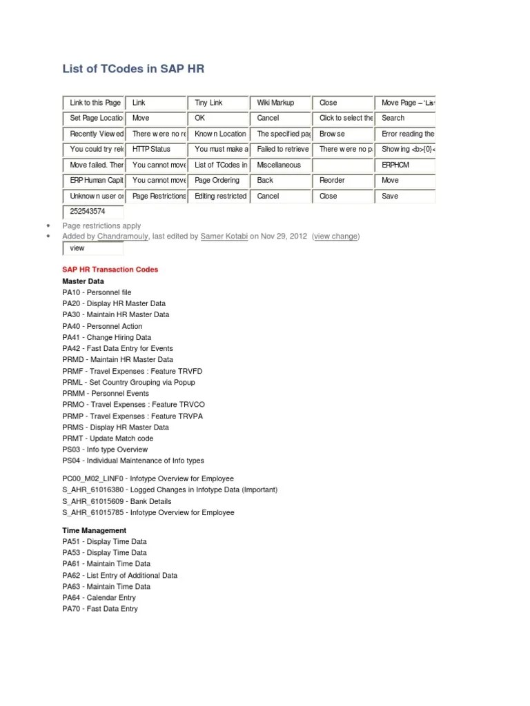 Sap HR T Codes PDF Payroll Employment