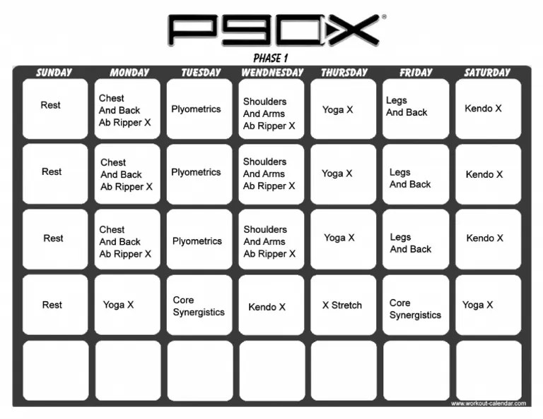 P90X Workout Calendar Phase 1 PDF