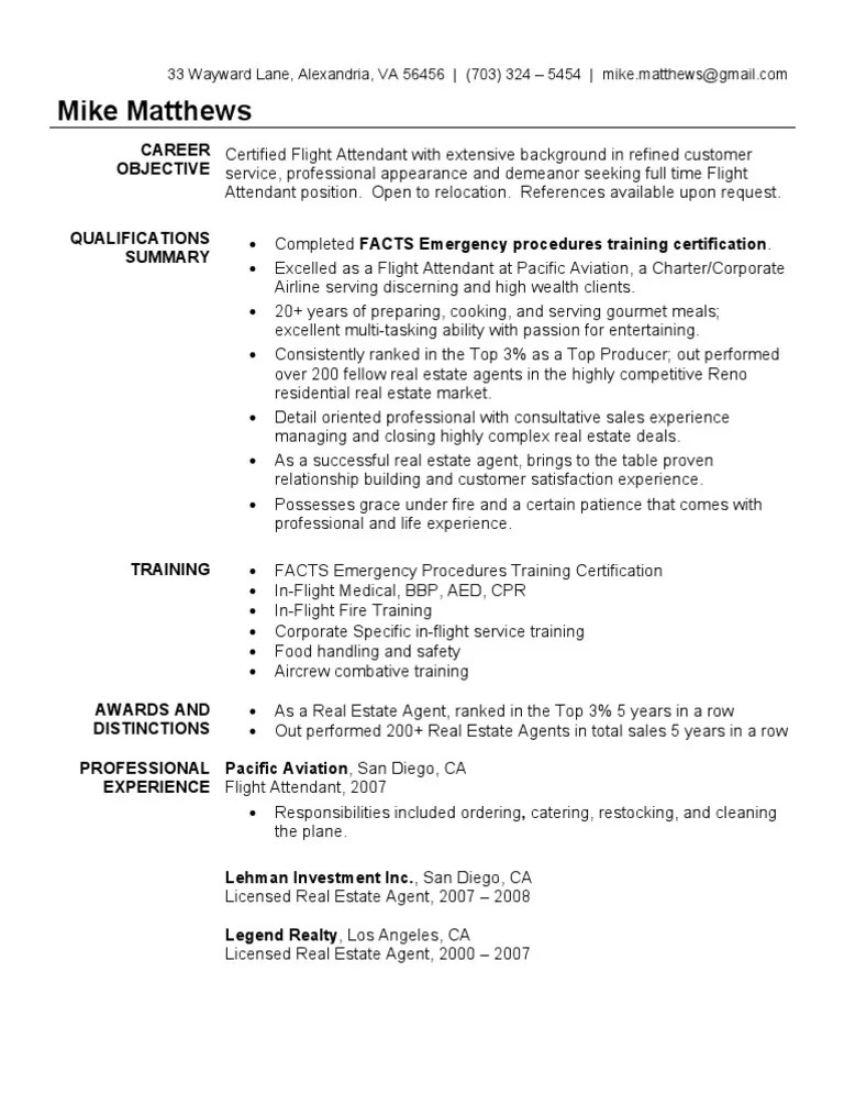 Flight Attendant Resume Sample | Flight Attendant | Estate Agent