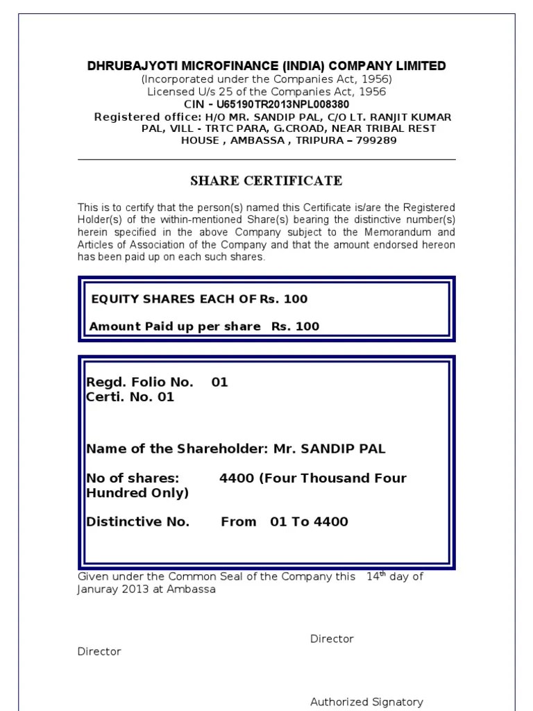 Share Certificate format Equity (Finance) Corporations