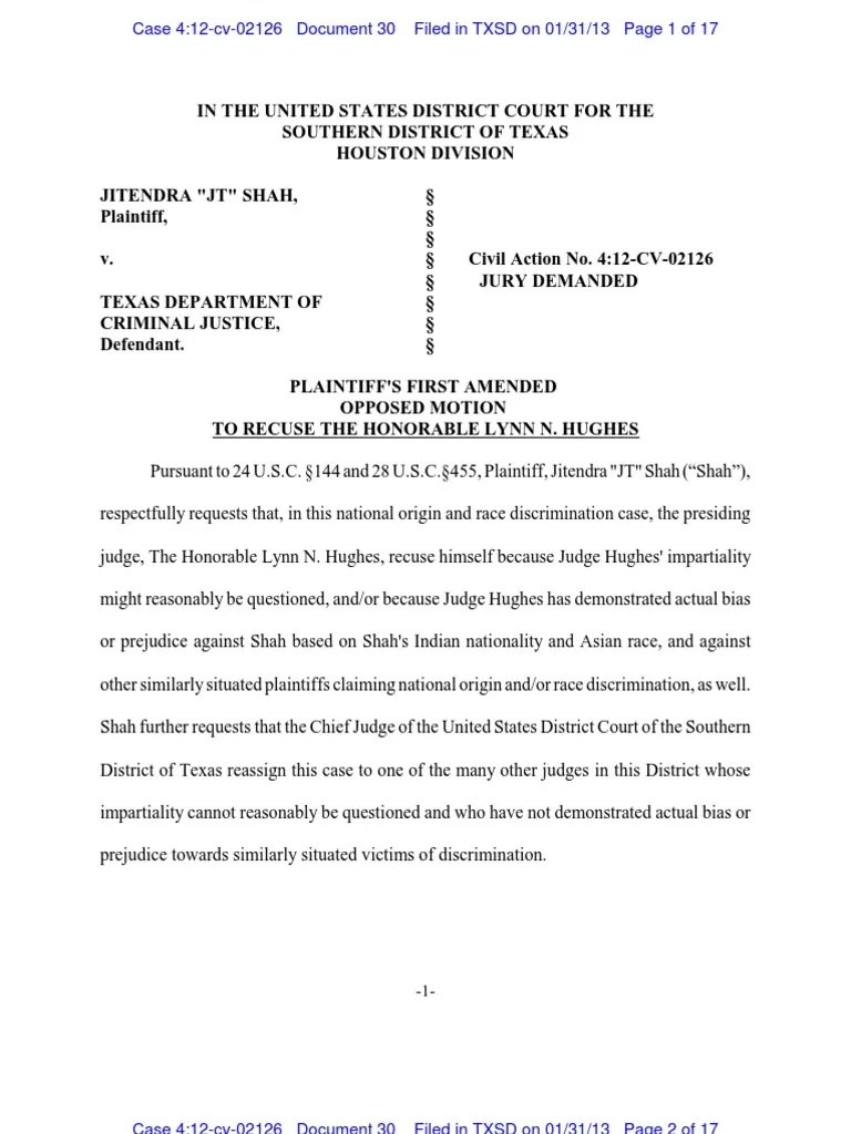 Motion to Recuse Judge Lynn Hughes Judicial Disqualification Civil