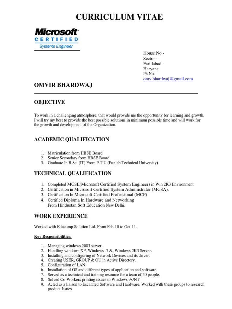 Resume Sample Microsoft Certified Professional Microsoft Windows