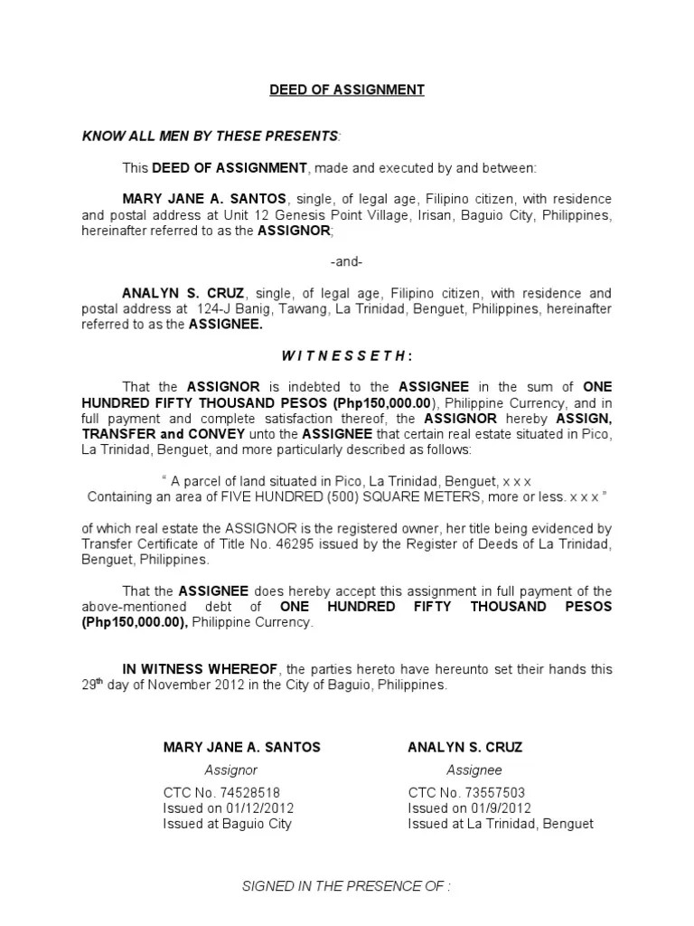 deed of assignment legal forms Assignment (Law) Civil Law Law)