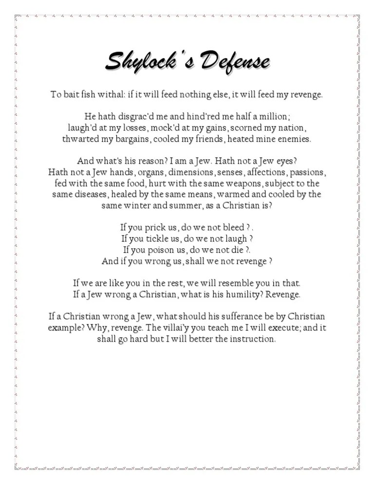 Shylock's Justification for Revenge The Merchant Of Venice
