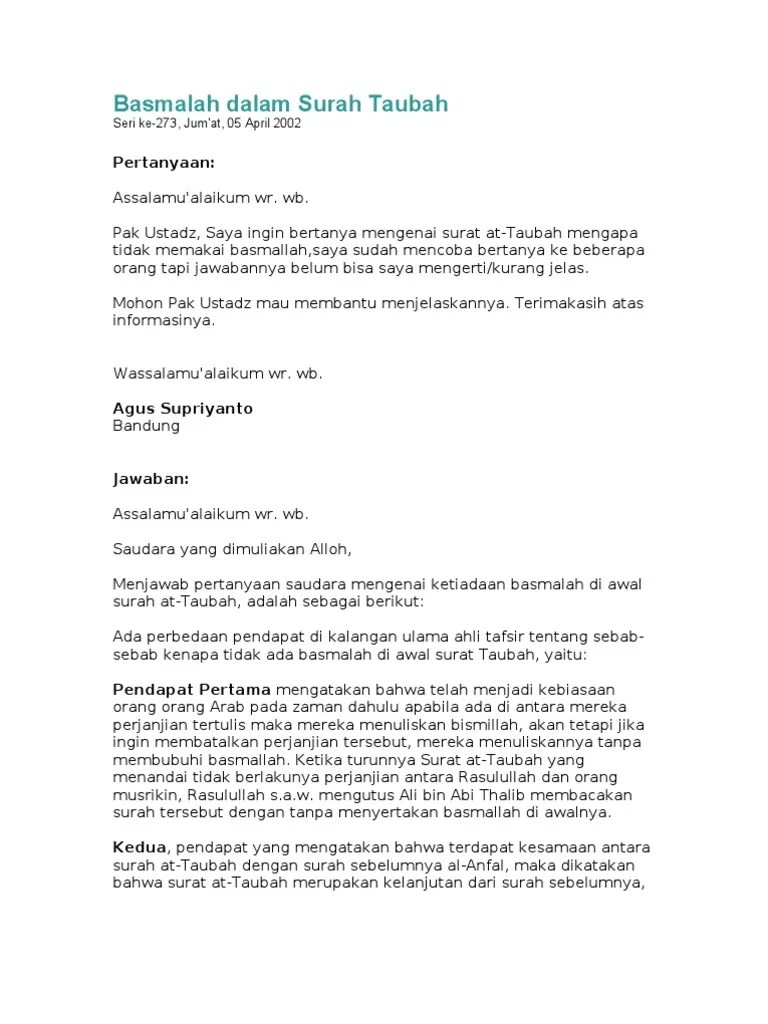 Kenapa Surat At Taubah Tidak Ada Bismillah - Kumpulan Surat Penting