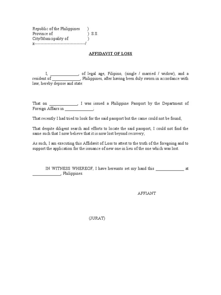 Affidavit of Loss (Passport)