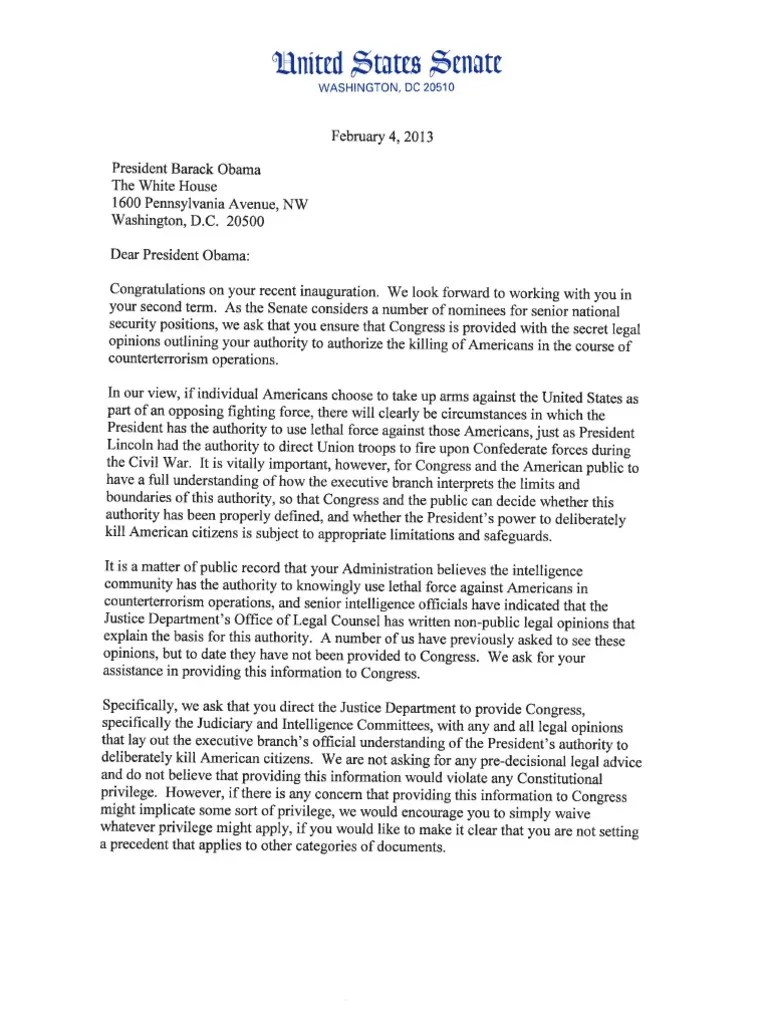 Letter to President Obama on Legal Opinions