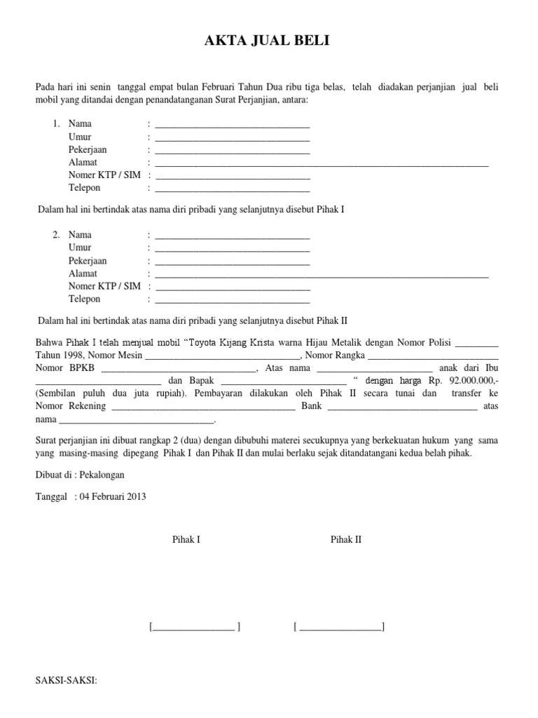 Contoh Akta Jual Beli Mobil