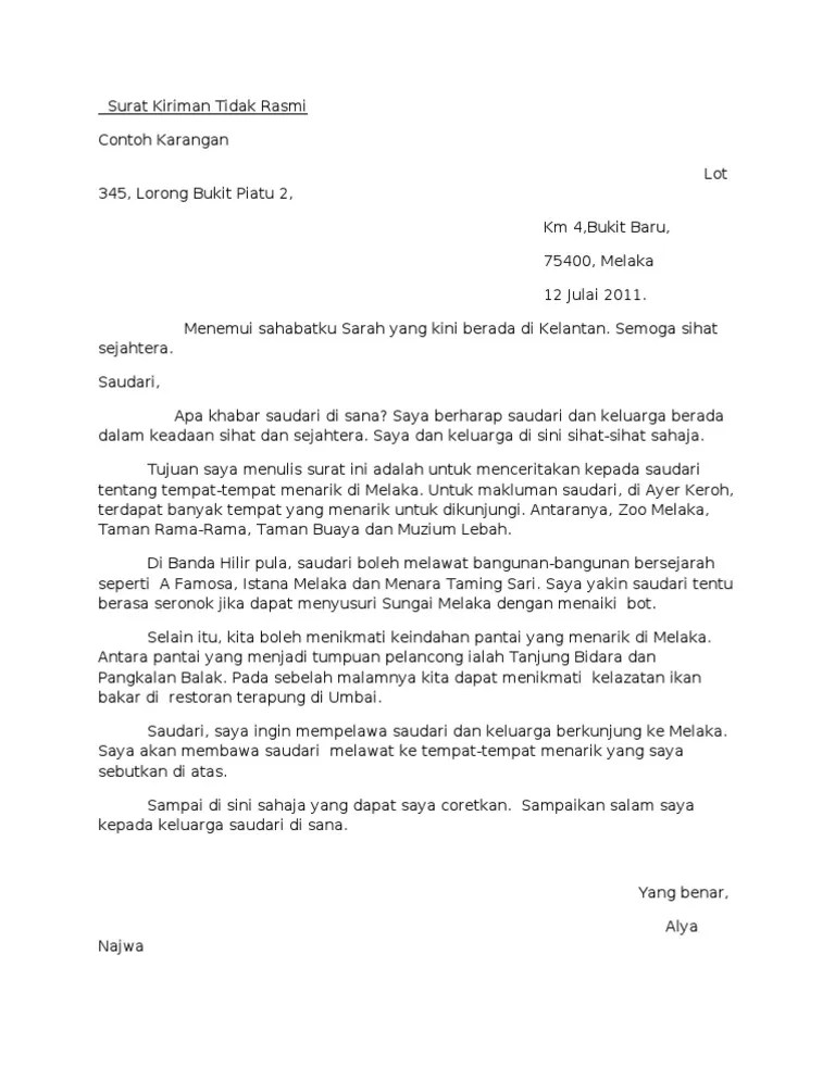 Contoh Karangan Surat Rasmi Tahun 4