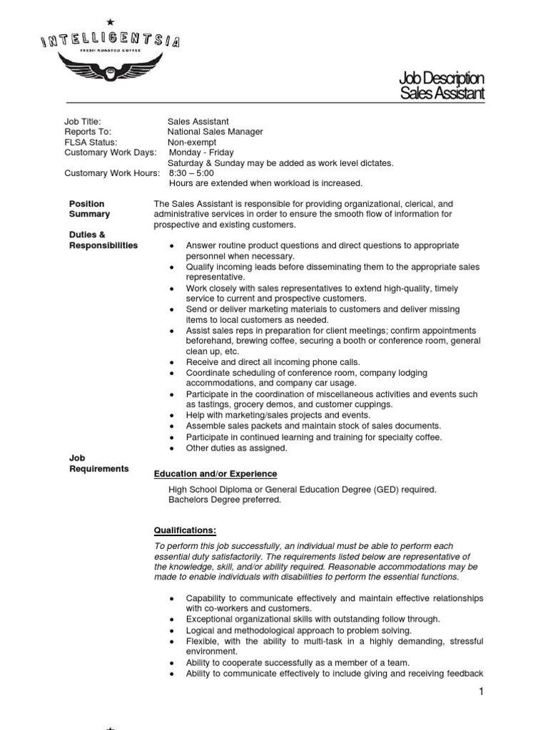 Job Description Sales Assistant Position Duties & Responsibilities