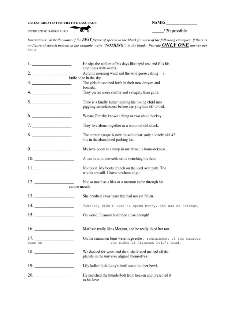 Figures of Speech Worksheet