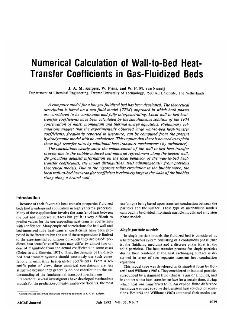 Numerical Calculation WalltoBed HeatTransfer Coefficients in Gas