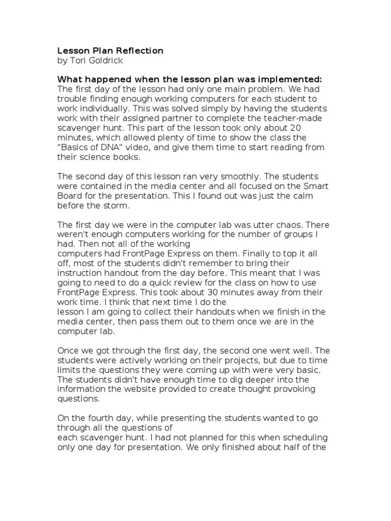 Reflection Lesson Plan Teachers Free 30day Trial Scribd