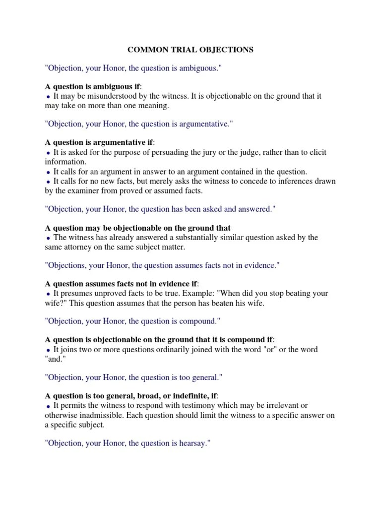 Trial Technique Common Trial Objections PDF Hearsay Witness