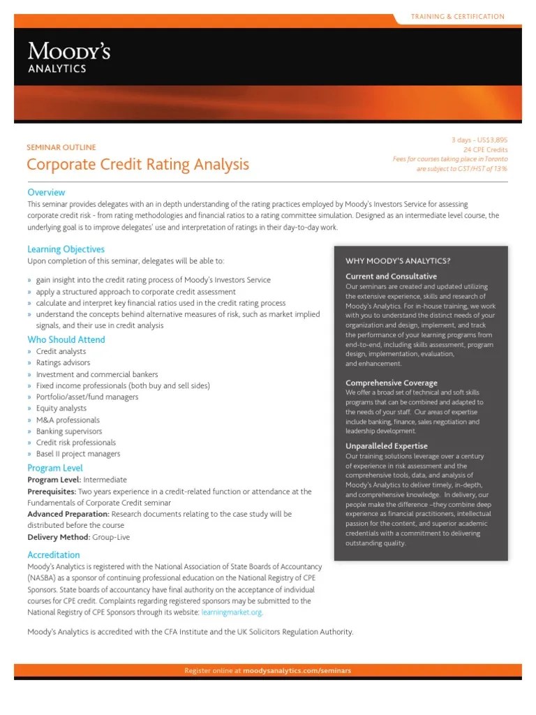Moody's Seminars Corporate Credit Rating Analysis Moody's Investors