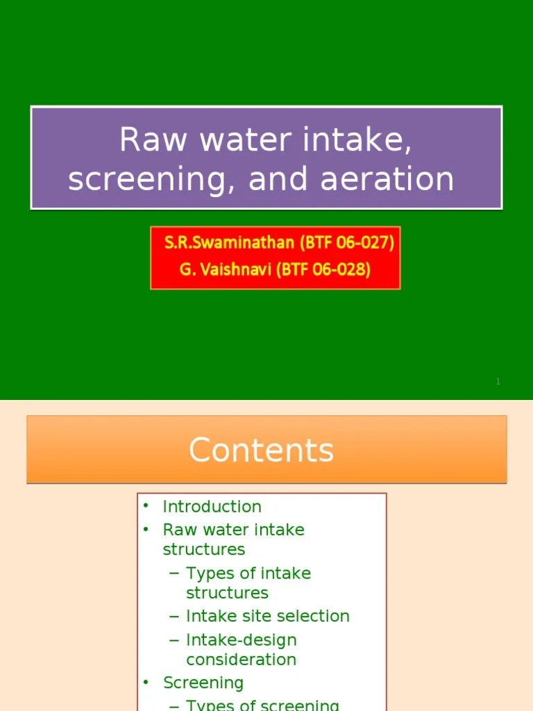 raw water intake, screening, and aeration in water supply project