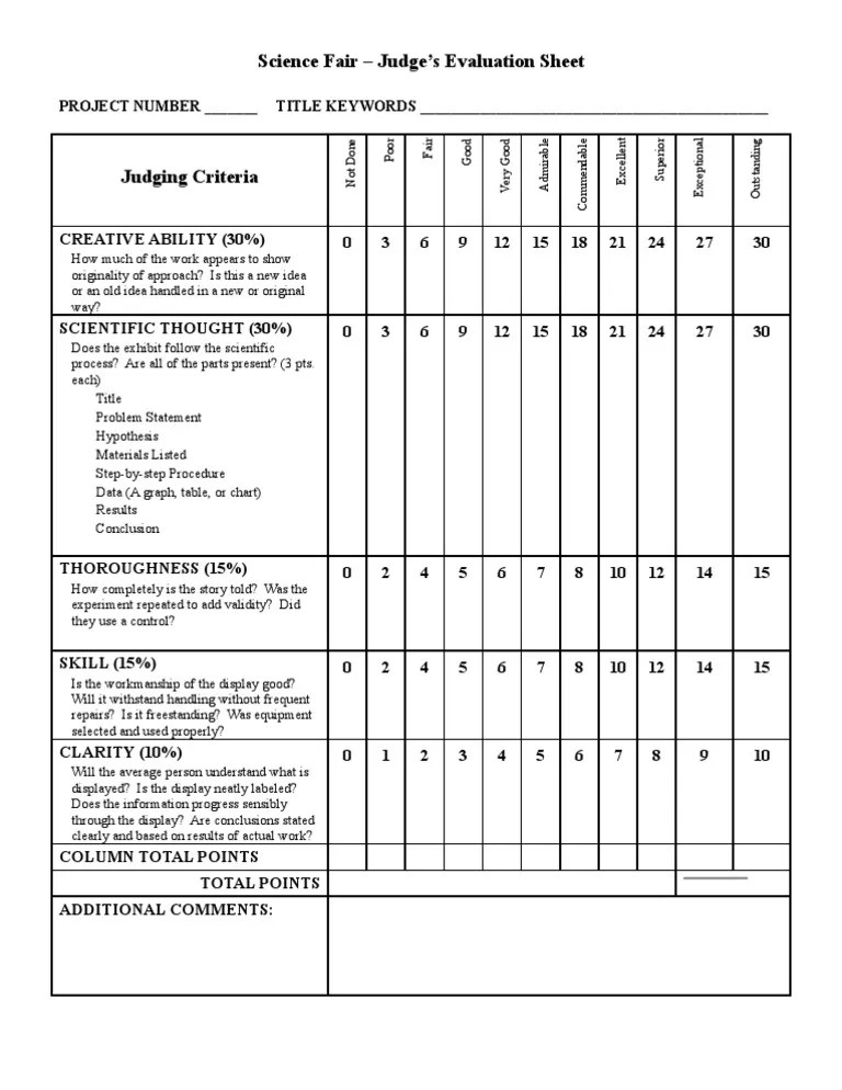 Science Fair Judges Evaluation Sheet