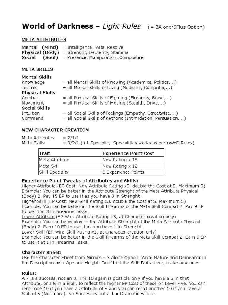 World of Darkness Light Rules
