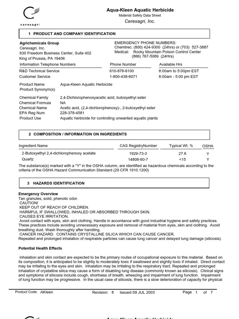 aquakleen herbicide msds Personal Protective Equipment Toxicity