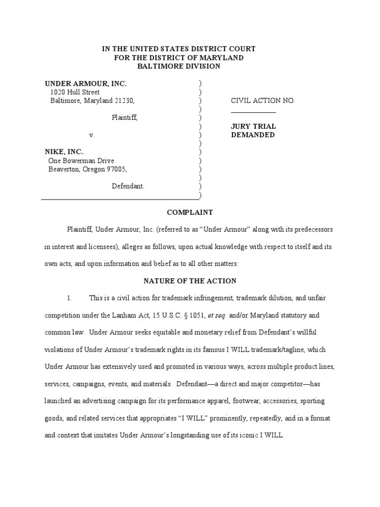 Under Armour Nike Complaint Lanham Act Trademark