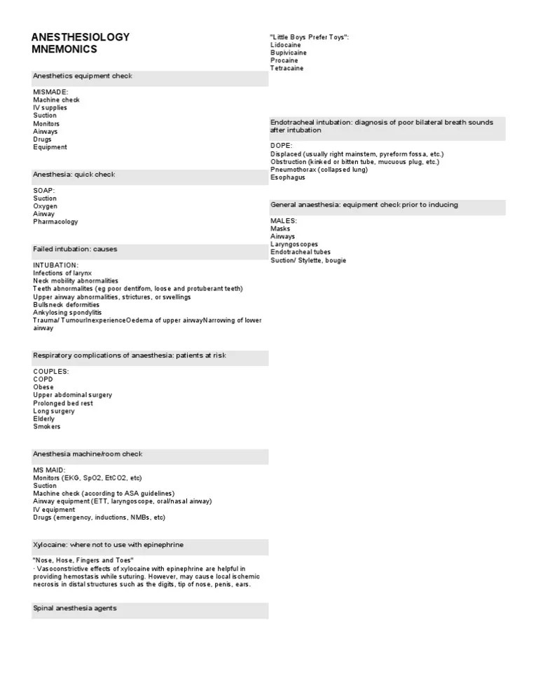 Anesthesiology Mnemonics PDF Anesthesia Respiratory Tract