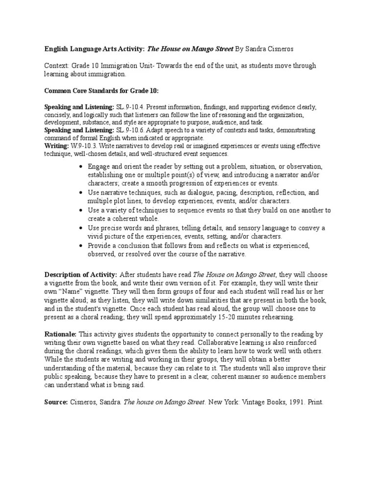 "House On Mango Street" Lesson Plan Narrative Lesson Plan
