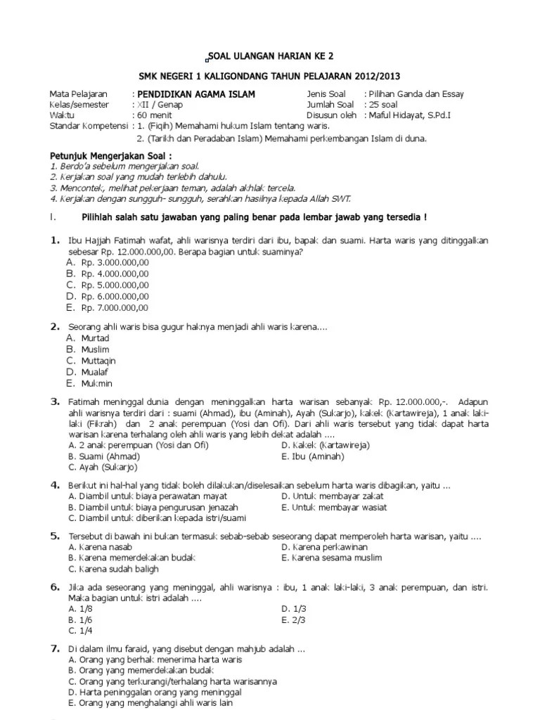 Contoh Soal Warisan Kelas 12 Dan Jawabannya Belajar Ilmu