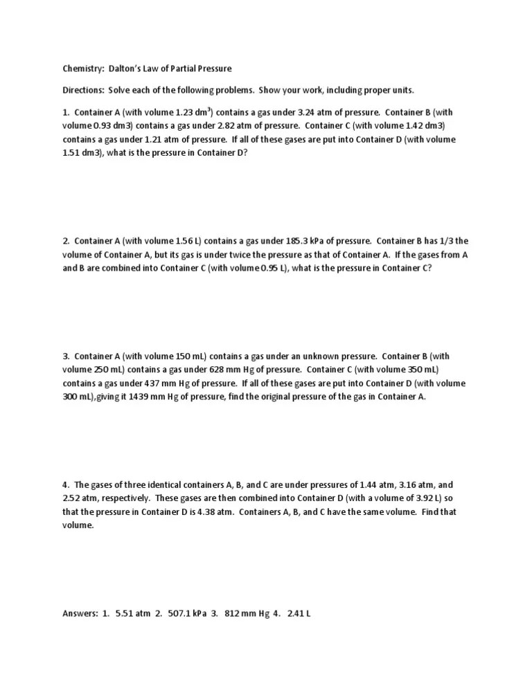 Dalton's Law Worksheet | Gases | Pressure