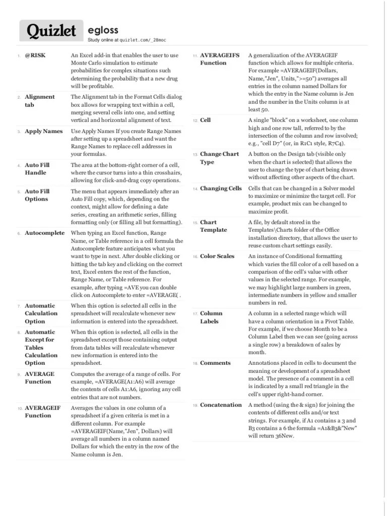 Excel.quizlet Spreadsheet Microsoft Excel