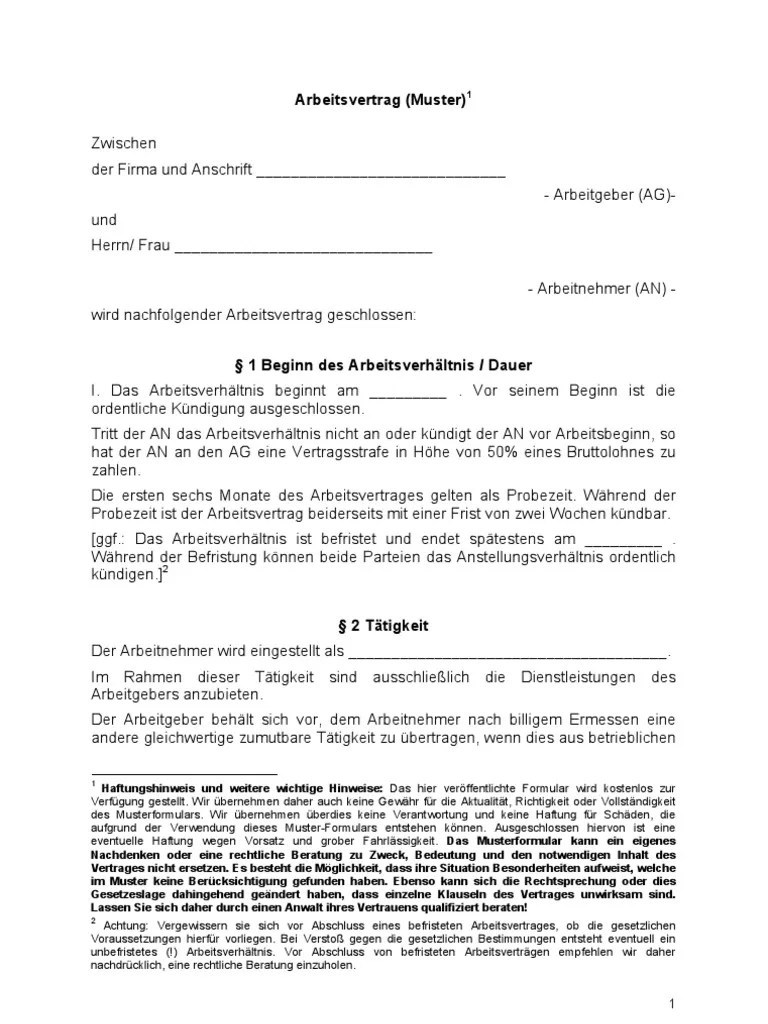 Muster Arbeitsvertrag Labor Relations Employment