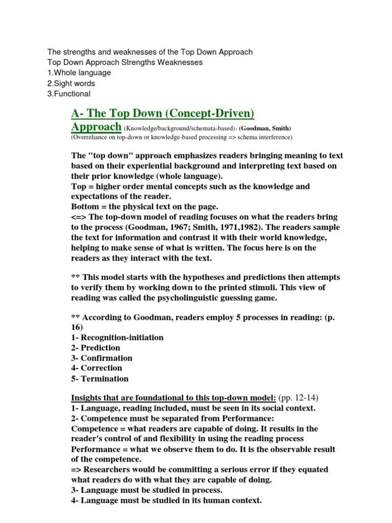 The Strengths and Weaknesses of the Top Down Approach Top Down And