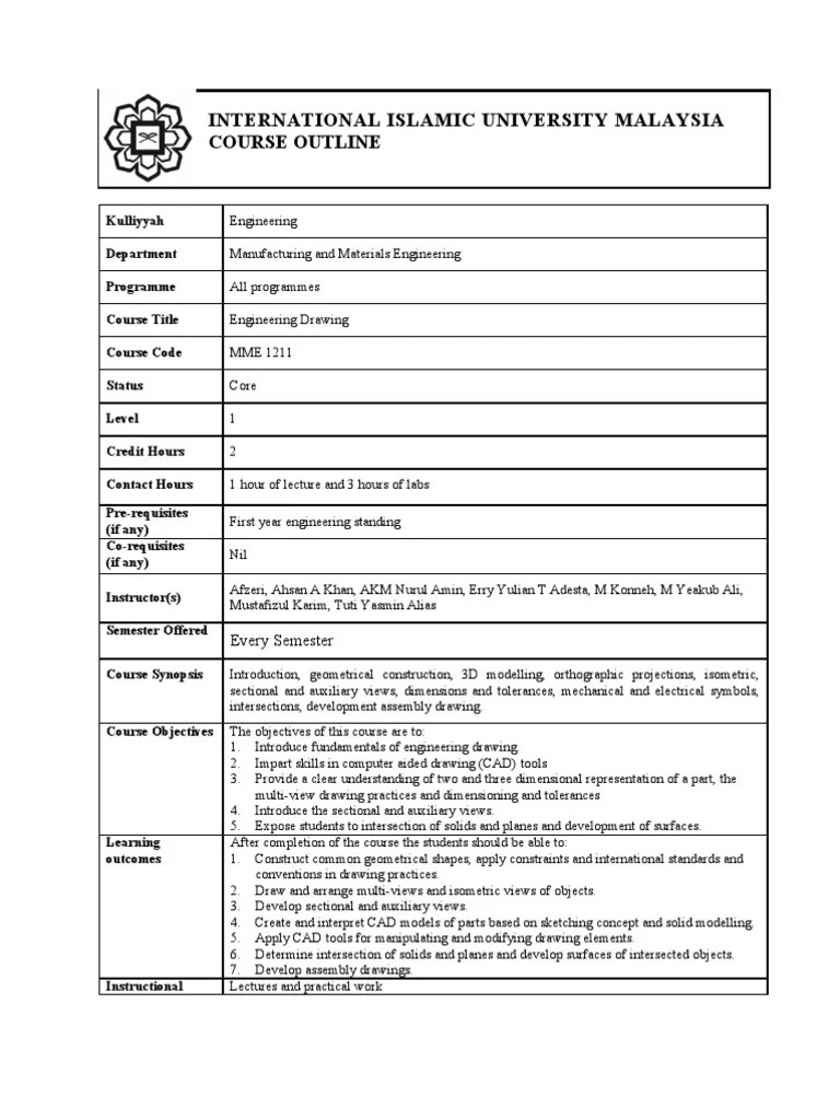 MME 1211 Engineering Drawing Course OutlineStudents PDF Computer