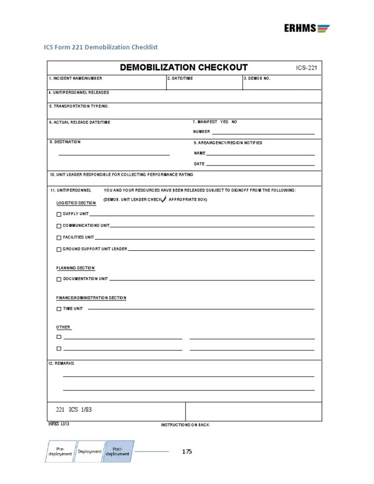 ICS Form 221 Demobilization Checklist Incident Command System