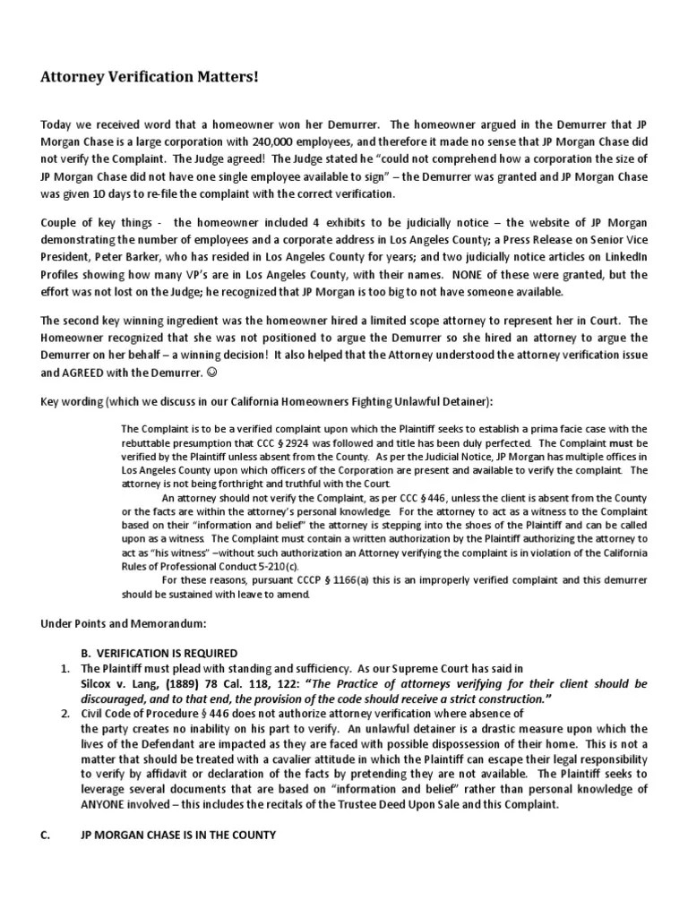 Attorney Verification Matters Demurrer Complaint