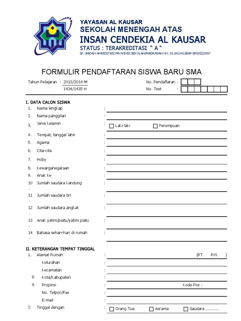 Contoh Formulir Pendaftaran Sekolah Dalam Bahasa Inggris