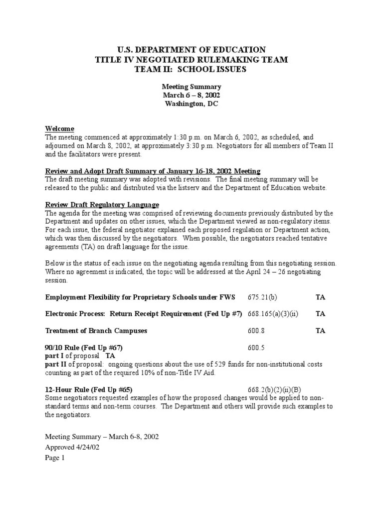 U.S. Department of Education Title Iv Negotiated Rulemaking Team Team Ii School Issues PDF
