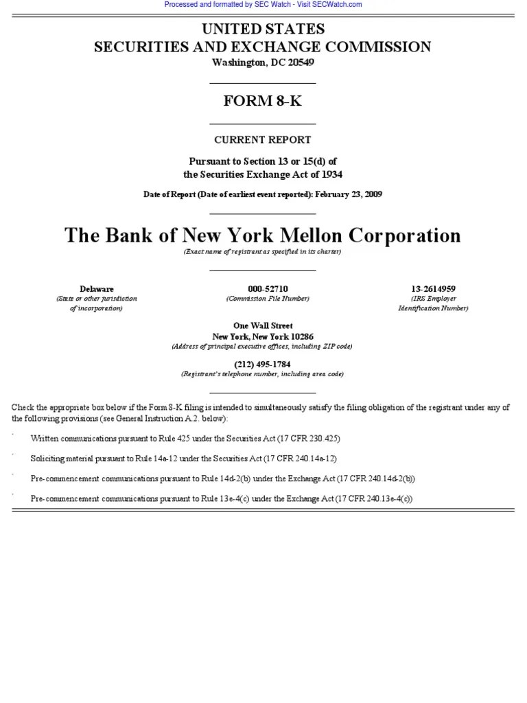 Bank of New York Mellon CORP 8K (Events or Changes Between Quarterly