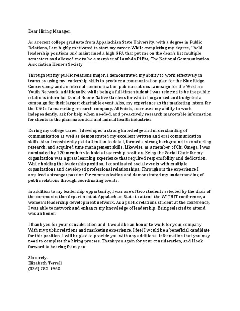 Public Relations Internship Cover Letter eWriting