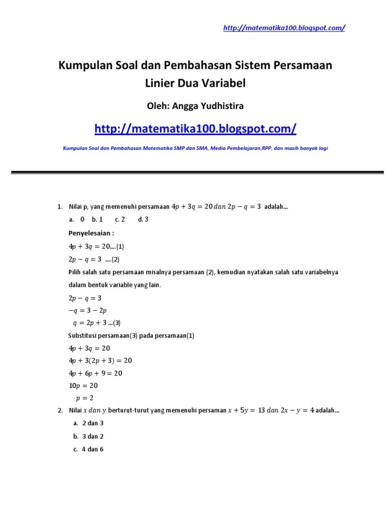 Contoh Soal Aljabar Linear Dan Penyelesaiannya Pdf Dikdasmen