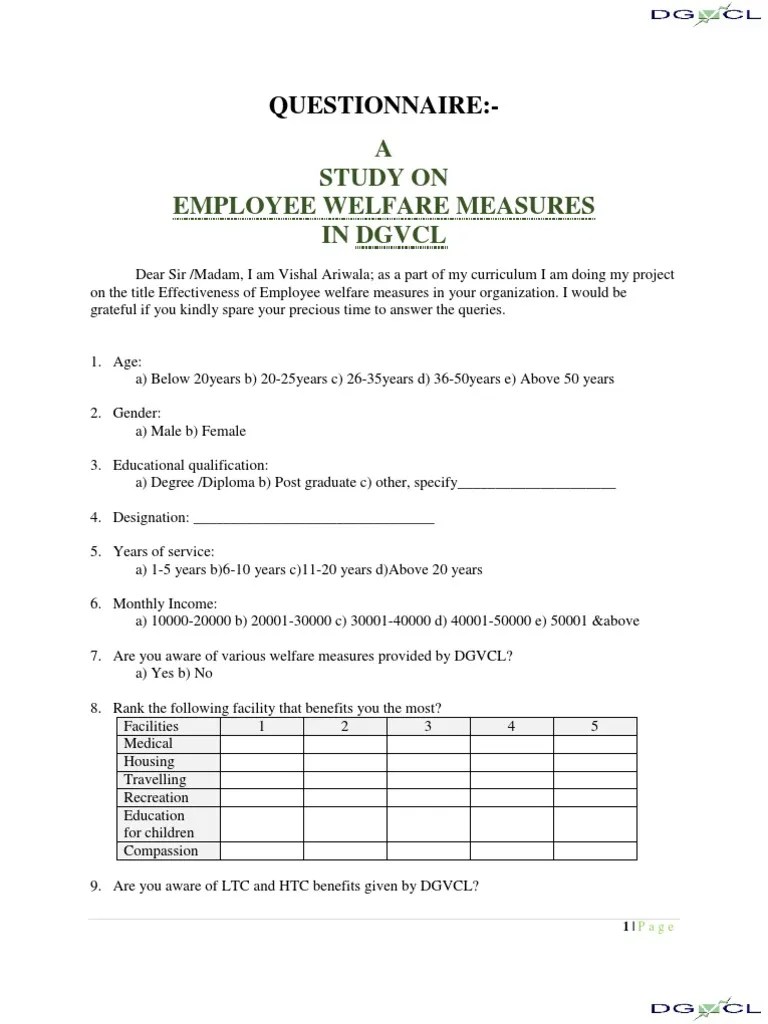 Questionnaire On Employee Welfare Measures. PDF Health Care Business