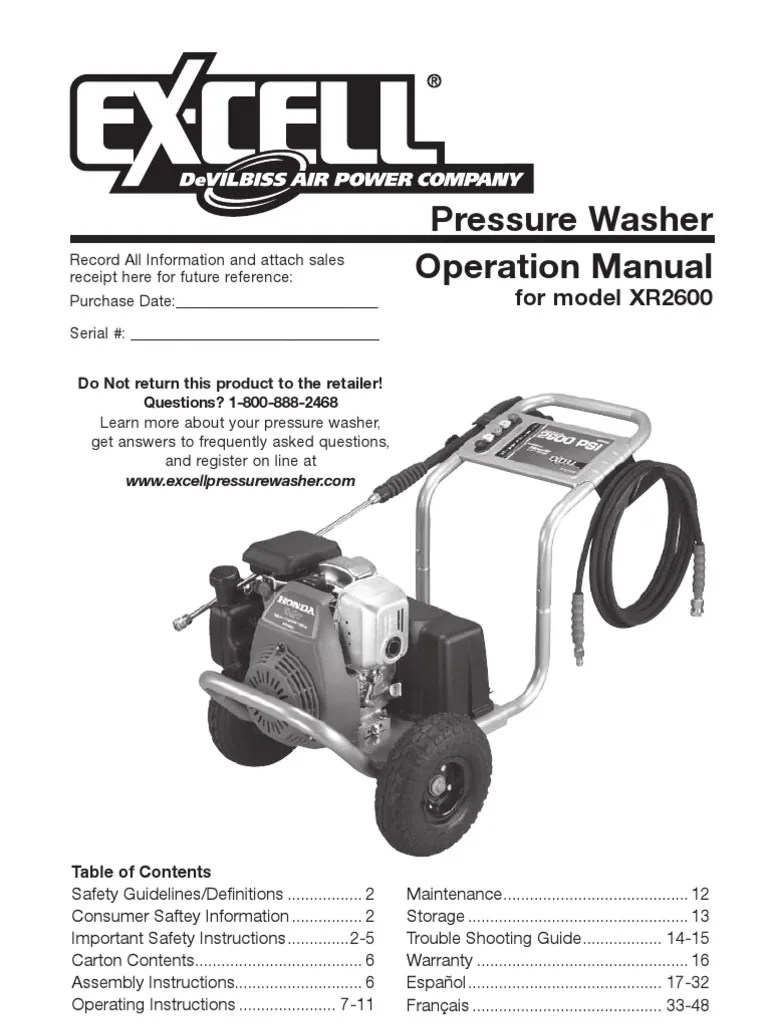 Excel XR2600 Pressure Washer Manual Exhaust Gas Pump
