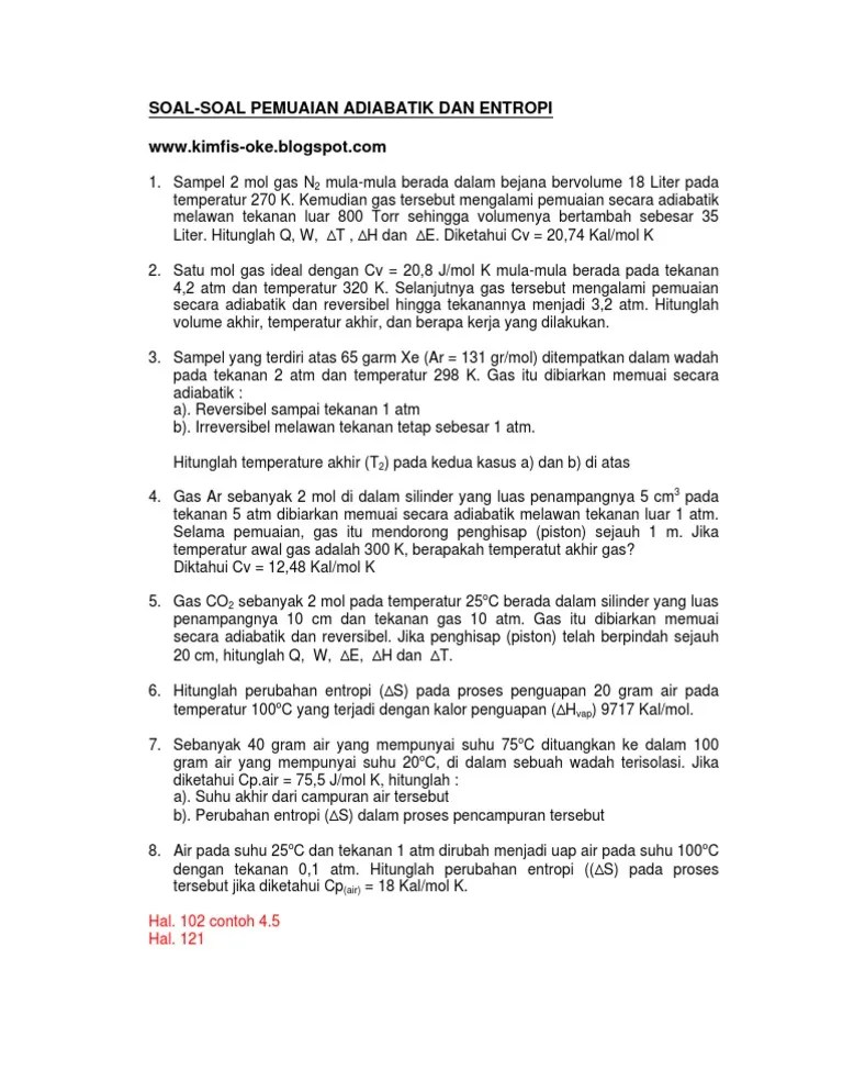 Soal-Soal Adiabatik Dan Entropi | PDF