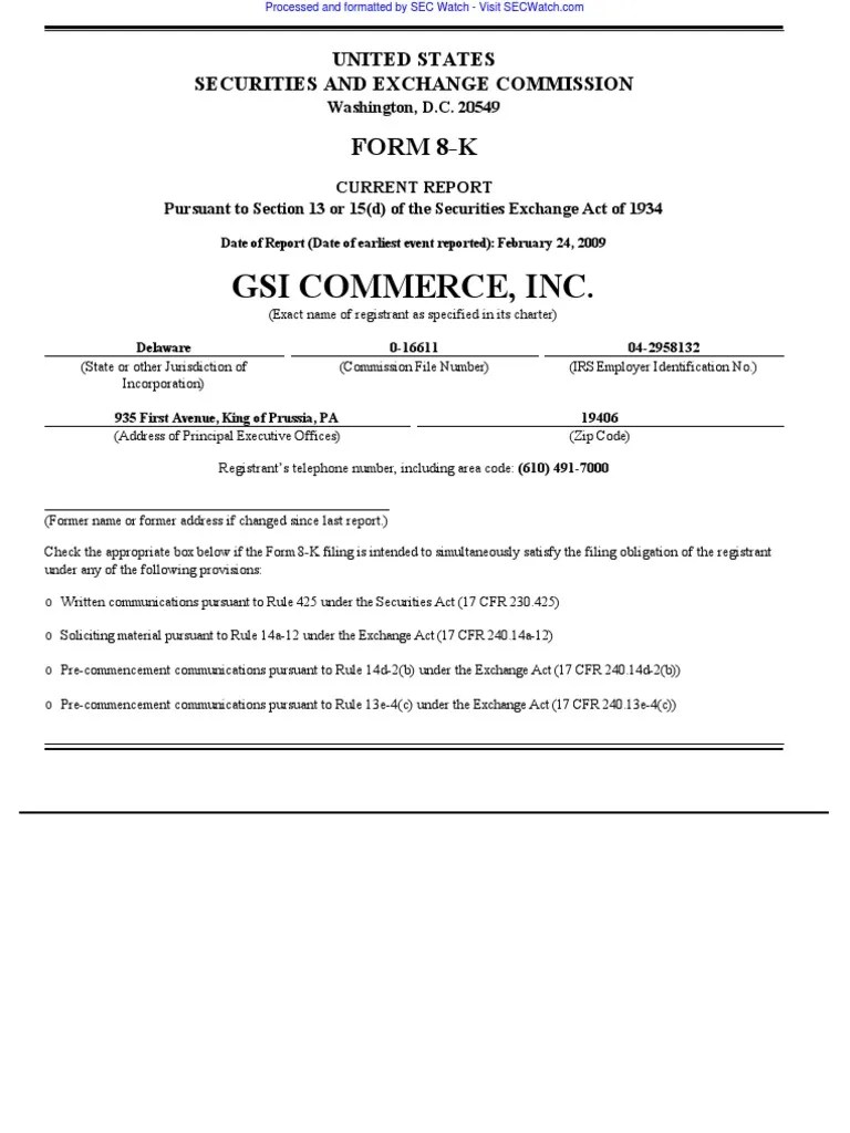 Gsi Commerce, Inc. Form 8K Form 8 K U.S. Securities And Exchange